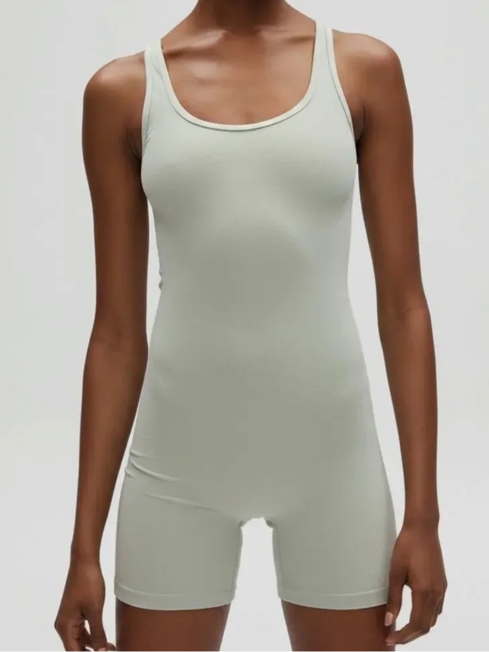 NWT Aritzia TnaLIFE Shake-It 5” Romper onesie silver sage green short scoop neck